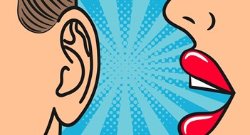 Q&A: Inappropriate Disclosure? Woman lips whispering in mans ear with speech bubble. Pop Art style, comic book illustration. Secrets and gossip concept. Vector.