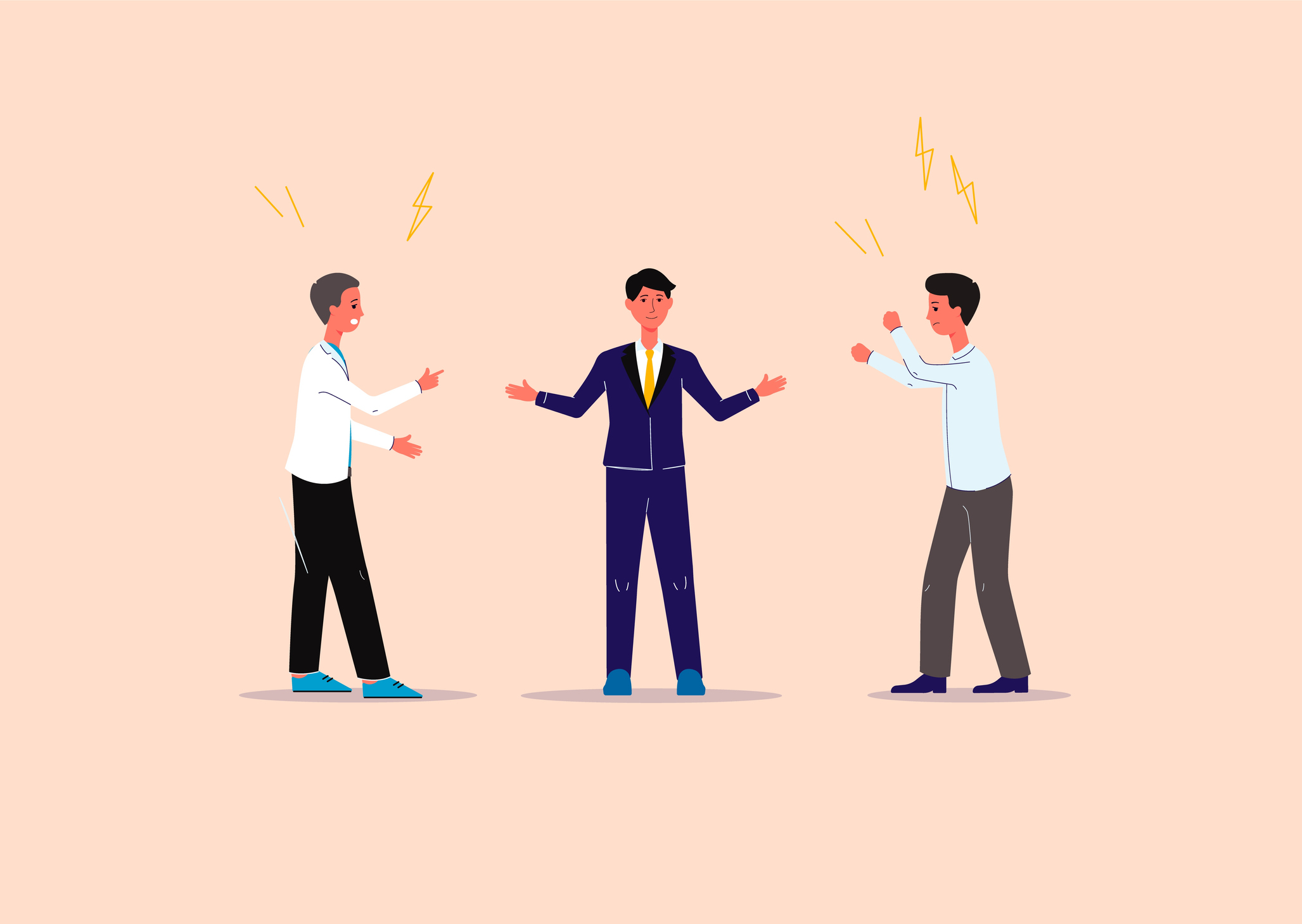 Conflicts and contradictions solution and business mediation banner with cartoon business people, flat vector illustration. Mediator or conciliator on business negotiation.