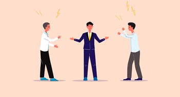 Conflicts and contradictions solution and business mediation banner with cartoon business people, flat vector illustration. Mediator or conciliator on business negotiation.