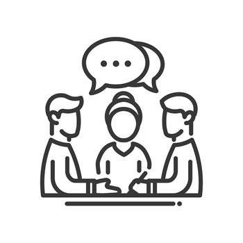 Business meeting single isolated modern vector line design icon. Group of people with a speech bubble with dots sign