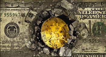 Real Estate, Cryptocurrency, & Taxes Concept of bitcoin destroying the concrete wall with dollar graffiti, 3d illustration