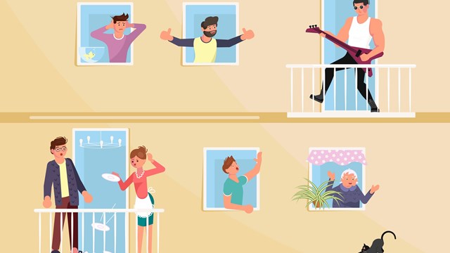 Men and women neighbours characters living in neighboring home apartments hear loud music. Flat Art Vector illustration
