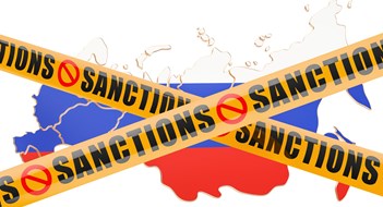 Sanctions concept with map of Russia, 3D rendering isolated on white background