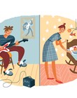 Loud noisy neighbour disturbing baby sleep. Problems in neighbouring apartments at home vector illustration. Young guy playing music on guitar, annoyed mother with little child in bed.