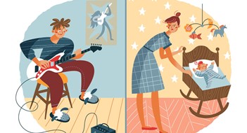 Loud noisy neighbour disturbing baby sleep. Problems in neighbouring apartments at home vector illustration. Young guy playing music on guitar, annoyed mother with little child in bed.