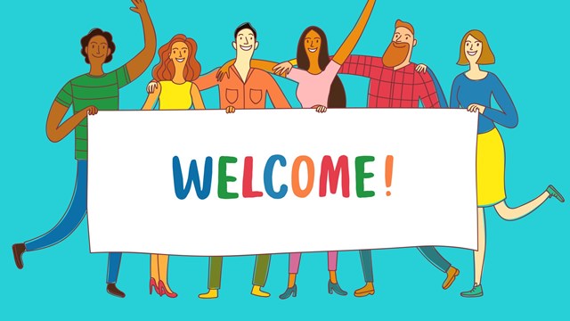 Group of six happy friends, boys and girls, holding big banner. Including Welcome title. Cartoon illustration for your design.