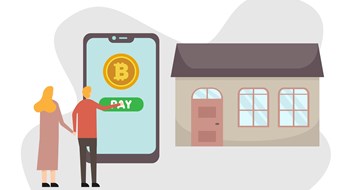 Cryptocurrency vector concept: Young couple buying new house online and paying with bitcoin on mobile phone