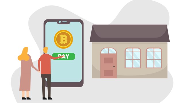 Cryptocurrency vector concept: Young couple buying new house online and paying with bitcoin on mobile phone