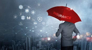 Insurance in the Multifamily Setting Insurance concept, Businessman holding red umbrella on falling rain with protect with icon business, health, financial, life, family, accident and logistics insurance on city background