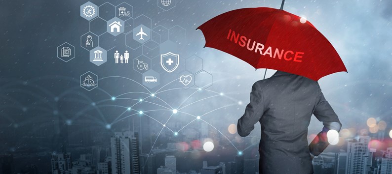 Insurance concept, Businessman holding red umbrella on falling rain with protect with icon business, health, financial, life, family, accident and logistics  insurance on city background
