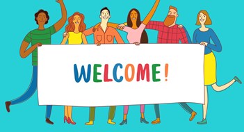 Onboarding New Board Members Group of six happy friends, boys and girls, holding big banner. Including Welcome title. Cartoon illustration for your design.
