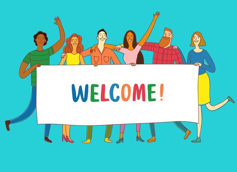 Group of six happy friends, boys and girls, holding big banner. Including Welcome title. Cartoon illustration for your design.