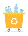 Yellow recycling garbage can or dumpster isolated full with plastic rubbish, wheelie trash bin flat vector illustration, waste management.