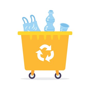 Yellow recycling garbage can or dumpster isolated full with plastic rubbish, wheelie trash bin flat vector illustration, waste management.