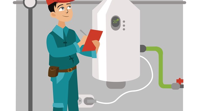 Inspector with checklist examines heating system poster. Cartoon man in uniform carefully inspections water heater in house vector illustration. Business card concept