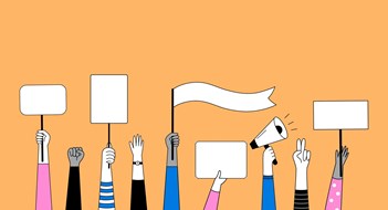 Set of hands with posters, a megaphone, signs, banners and placards. Vector illustration in doodle style.