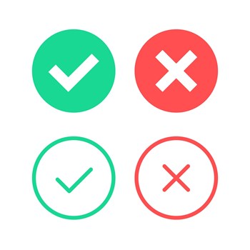 Check mark icons. Green tick and red cross. Round checkmarks icons. True and false, correct, right and wrong, done, complete concepts. Flat design and thin line design. Vector icons set