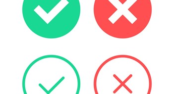 Check mark icons. Green tick and red cross. Round checkmarks icons. True and false, correct, right and wrong, done, complete concepts. Flat design and thin line design. Vector icons set