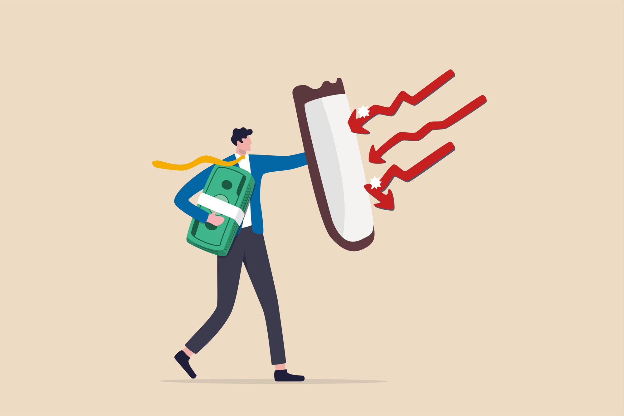 Future proof wealth management, inflation protection or protect from stock market crash, investment stock in market downturn concept, businessman investor holding shield to protect from red arrow bow.