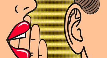 Woman lips with hand whispering in mans ear with speech bubble. Pop Art style, comic book illustration. Secrets and gossip concept. Vector.