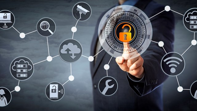 Blue chip manager is unlocking a virtual locking mechanism to access shared cloud resources. Internet concept for identity & access management, cloud storage, cybersecurity and managed services.