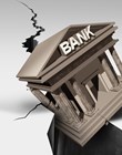 Bank Collapse and Banking Crisis or global credit system falling in debt as a financial instability or insolvency concept as an urgent business liquidity problem as a 3D illustration.