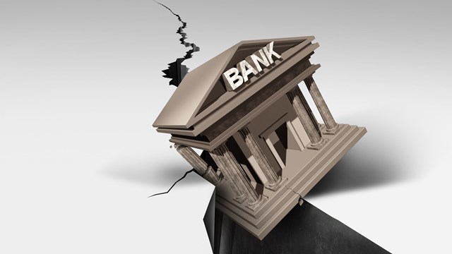Bank Collapse and Banking Crisis or global credit system falling in debt as a financial instability or insolvency concept as an urgent business liquidity problem as a 3D illustration.