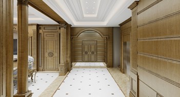 Large hall hallway in classic style with wooden walls and columns with arches and white tiles on the floor 