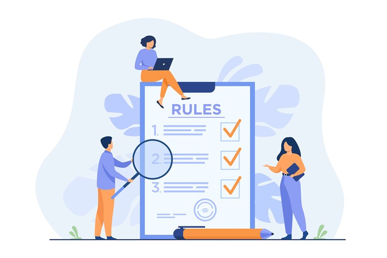 Business people studying list of rules, reading guidance, making checklist. Vector illustration for company order, restrictions, law, regulations concept