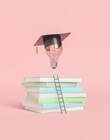 3d illustration of heap of textbooks for studying with ladder leading to glowing light bulb in graduation cap on pink background