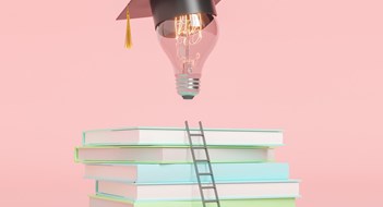 3d illustration of heap of textbooks for studying with ladder leading to glowing light bulb in graduation cap on pink background