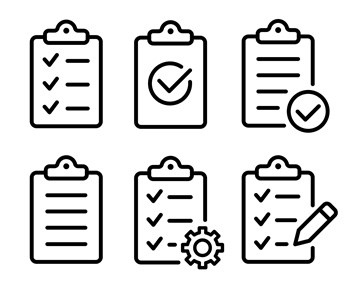 Clipboard icon set. Checklist on the clipboard line icon with checkmarks, checklist, document, gear, pencil. Checklist symbol. Editable stroke. Isolated.
