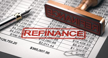 3D illustration of a rubber stamp with the word refinance over a mortgage lender rate sheet. Debt consolidation and debt or loan refinancing concept.