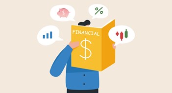 Financial  Literacy for Board Members Financial literacy and investment. Handbook of knowledge in money management. Stock market. A young man or businessman reading a financial manual.