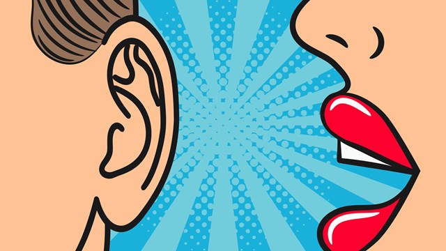 Woman lips whispering in mans ear with speech bubble. Pop Art style, comic book illustration. Secrets and gossip concept. Vector.