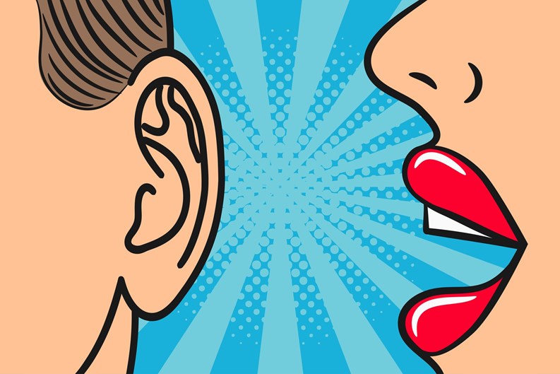 Woman lips whispering in mans ear with speech bubble. Pop Art style, comic book illustration. Secrets and gossip concept. Vector.