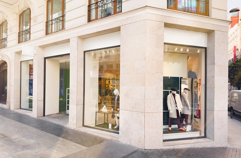 Fashion clothing storefront facade and windows mockup for your own branding