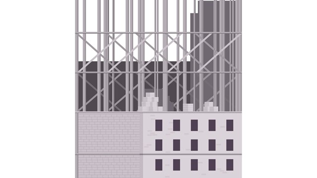 Unfinished concrete wall of building exterior, city architecture development vector illustration