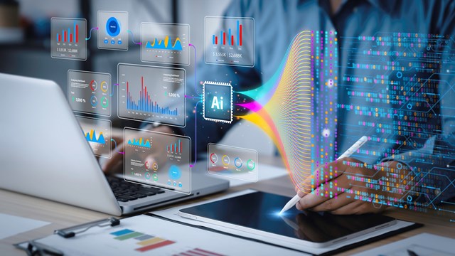 Data analysis science and big data with AI technology. Analyst or Scientist uses a computer and dashboard for analysis of information on complex data sets on computer. Insights development engineer