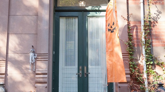 HOBOKEN, NEW JERSEY - October 27, 2017: The beautiful brownstones along Garden Street are decorated for Halloween