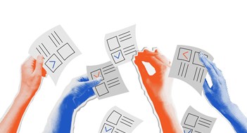 Q&A: Campaigning for Board Re-election The election voting process, bidding, hands raised up with papers. Sale and buy concept in retro collage halftone style. Isolated vector illustration
