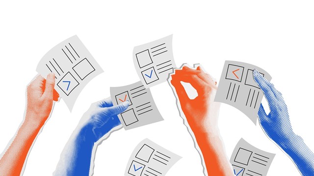 The election voting process, bidding, hands raised up with papers. Sale and buy concept in retro collage halftone style. Isolated vector illustration