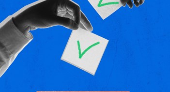 Q&A: Changing Votes Contemporary art collage. Two hands dropping check-marked ballots into voting box, symbolizing participation in democratic process against blue background. Concept of voting, decision, democracy