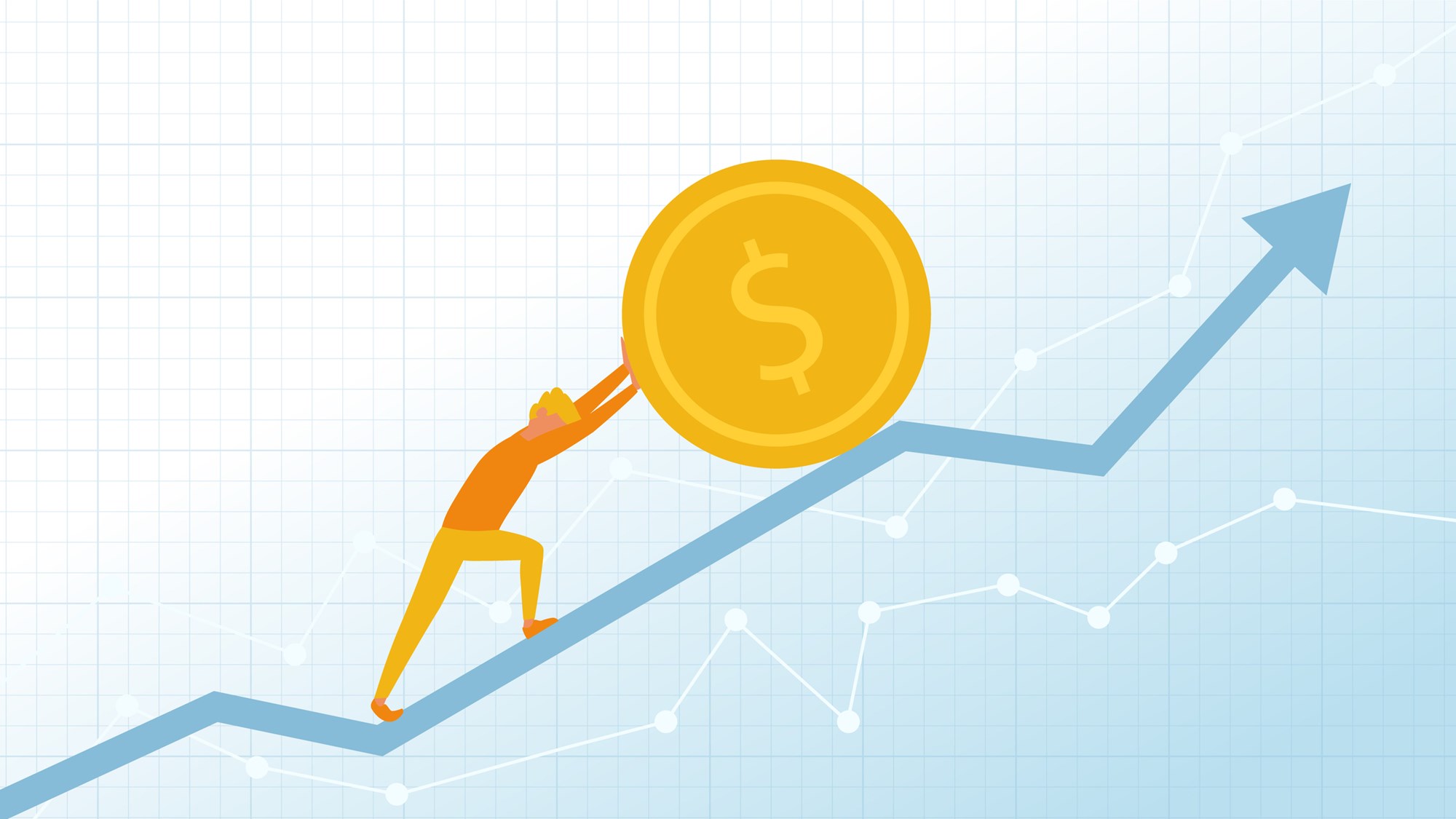 Businessman or retail investor pushes dollar coin on the financial chart or diagram. Rising stock market concept illustration. Way to the financial success concept. Vector illustration