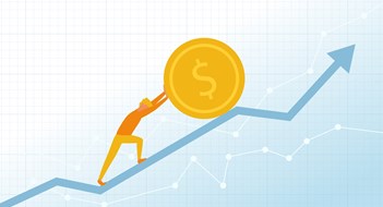 The Insurance Landscape Businessman or retail investor pushes dollar coin on the financial chart or diagram. Rising stock market concept illustration. Way to the financial success concept. Vector illustration