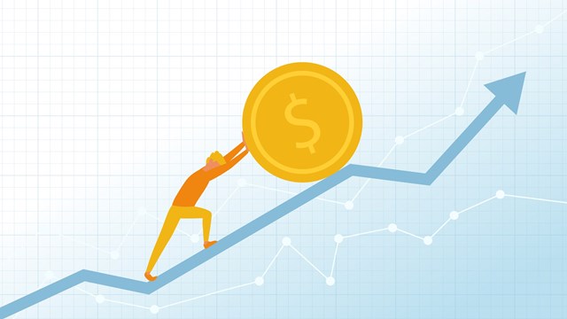 Businessman or retail investor pushes dollar coin on the financial chart or diagram. Rising stock market concept illustration. Way to the financial success concept. Vector illustration