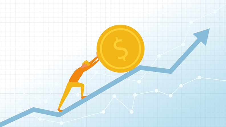 Businessman or retail investor pushes dollar coin on the financial chart or diagram. Rising stock market concept illustration. Way to the financial success concept. Vector illustration