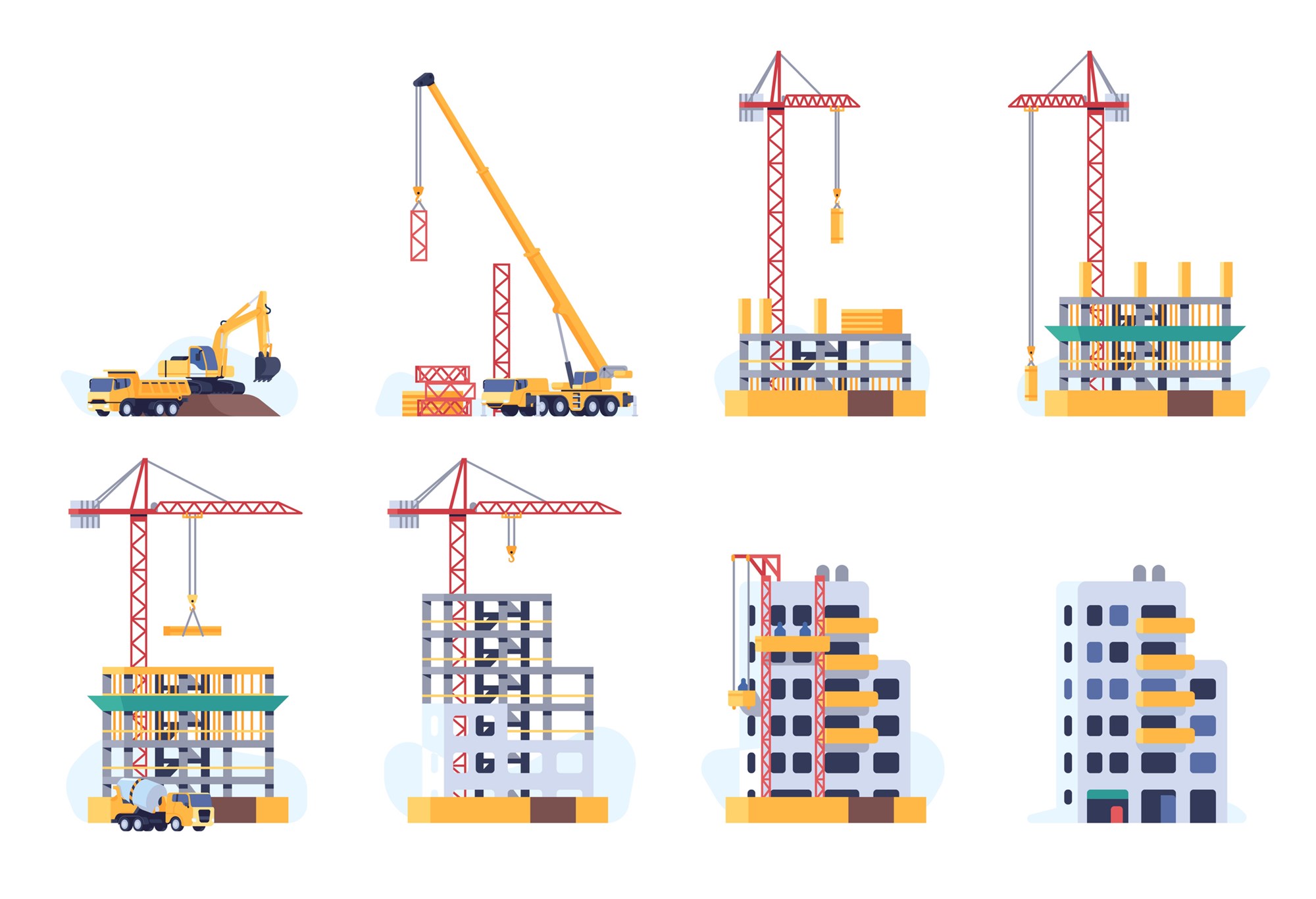 Building process. Urban multi story house construction stages progress. Build techniques and machines. Excavator and crane. Housing development. Concrete mixer. Unfinished city homes. Vector concept