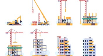 NY-NJ Metro is Building the Most Multifamily Homes in U.S. Building process. Urban multi story house construction stages progress. Build techniques and machines. Excavator and crane. Housing development. Concrete mixer. Unfinished city homes. Vector concept