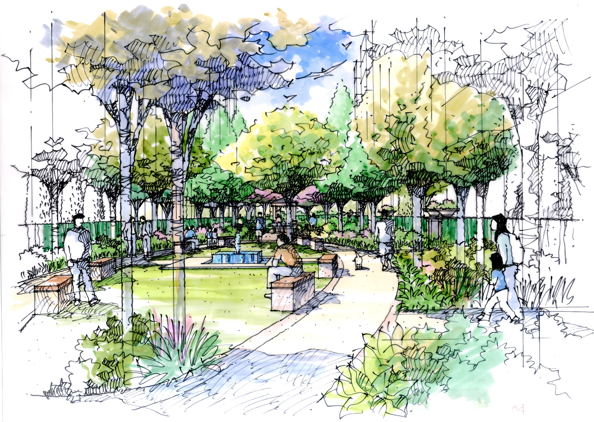 "Landscape garden showing the foot path, lawn area, benches, water feature and pavilion on background. This sketch created, drawn in pen and marker by the photographer."